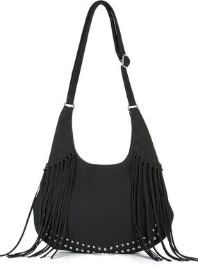 Vintage Suede Fringe Hobo Bag - Boho Crossbody Purse with Tassels & Studs
